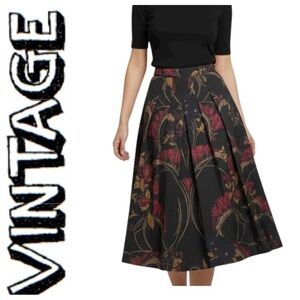 Geiger Vintage 70s 80s Wool Skirt Black Red Gold Floral Pleated Midi Size Med
